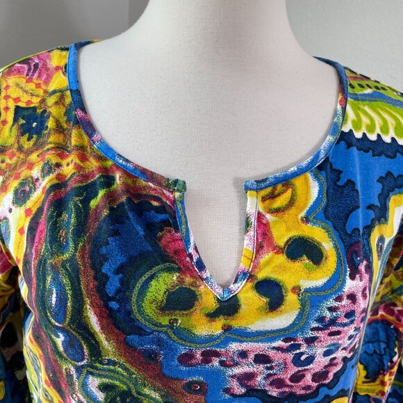 CHICOS Womens Medium Colorful Paisley 3/4 Sleeve Stretch Top Notch Neck Blouse - Picture 5 of 10